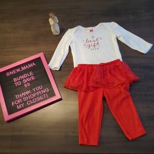 Carters 9m Best Gift Ever White Bodysuit with Red Pants, Attached Glittery Tutu